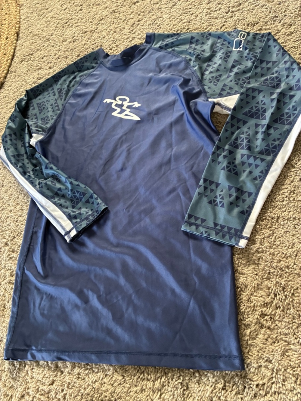 Men's Long Sleeve Navy Blue Swim Rash Guard with Patterned Sleeves